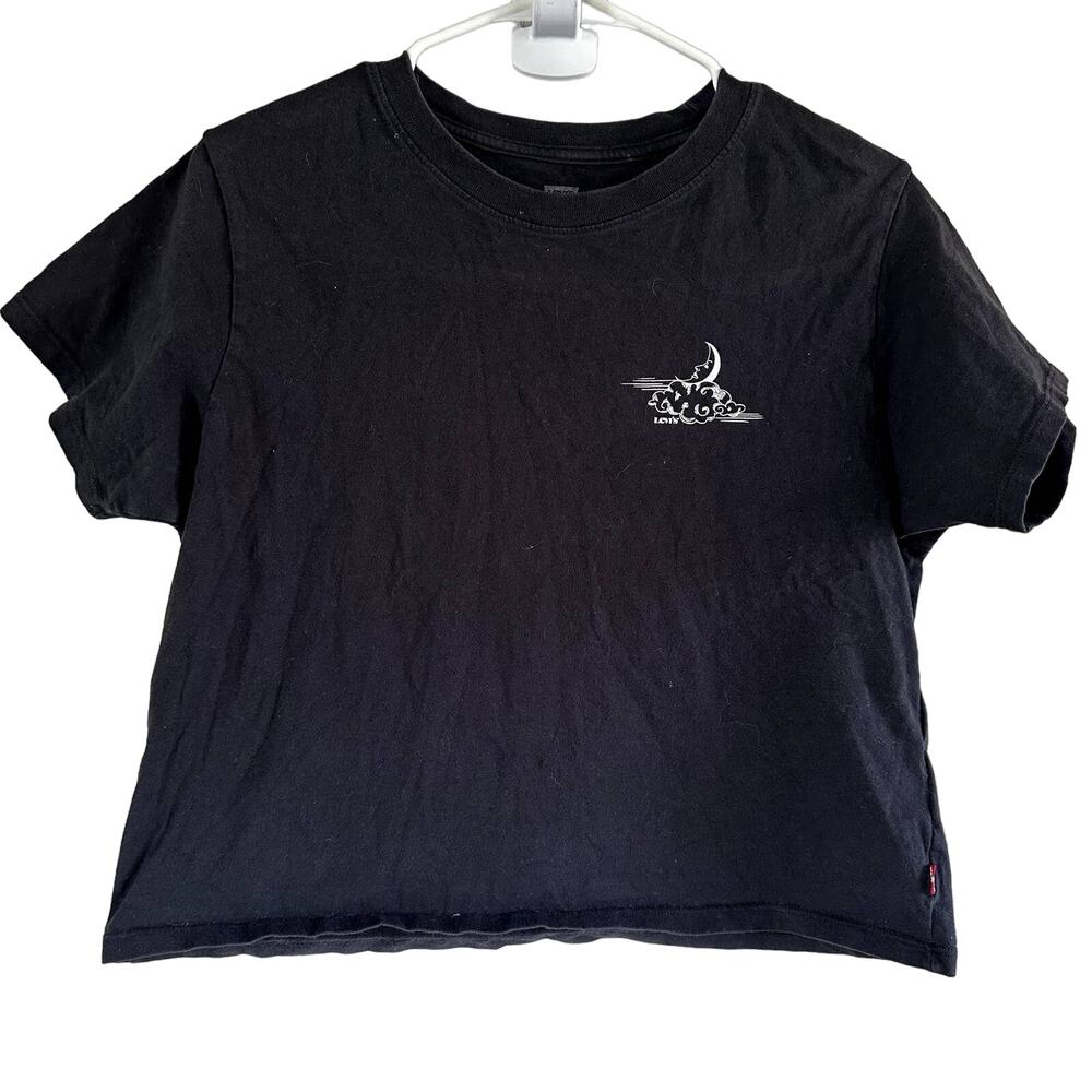 Levi's Crescent Moon Crop Tee Boxy Crew Neck Chest Print 100% Cotton Black XS